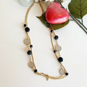 Necklace Gold Tone Double Chain Black Circles